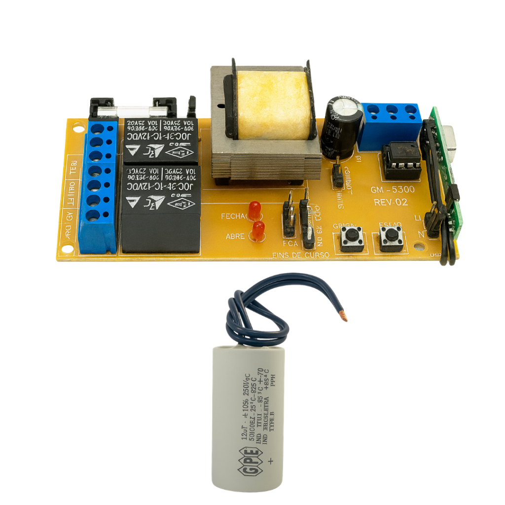 Kit Placa Central De Motor Portão Eletrônico GK-520 e Capacitor 12uf 250vac Portão Automático de Casas e Condomínio