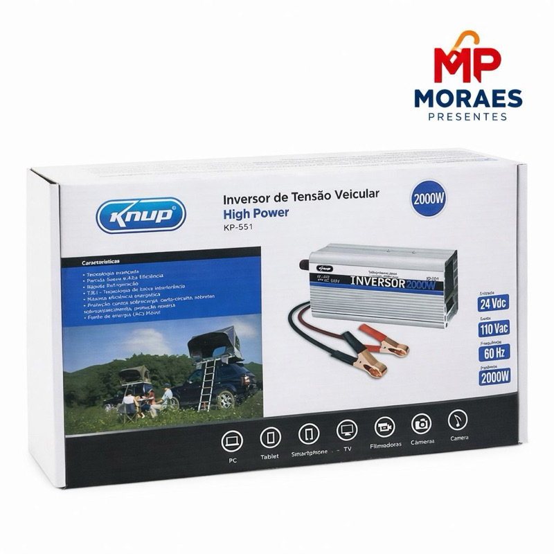 Inversor de Tensão Veicular Knup KP-551 2000W 24V para 110V Conversor Automotivo Alta Potência
