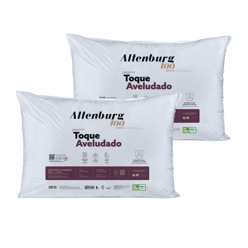 Kit 2 Travesseiro Altenburg Toque Aveludado Suporte Médio Antialérgico Macio Lav