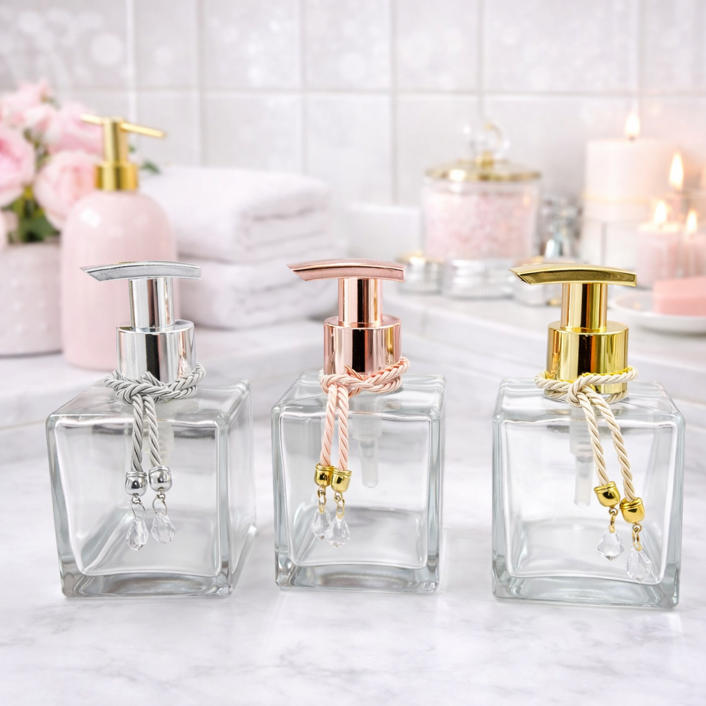 Frasco de Vidro Luxo 250ml com Válvula Rosé Dourada ou Prata +Pingente Refil Sabonete