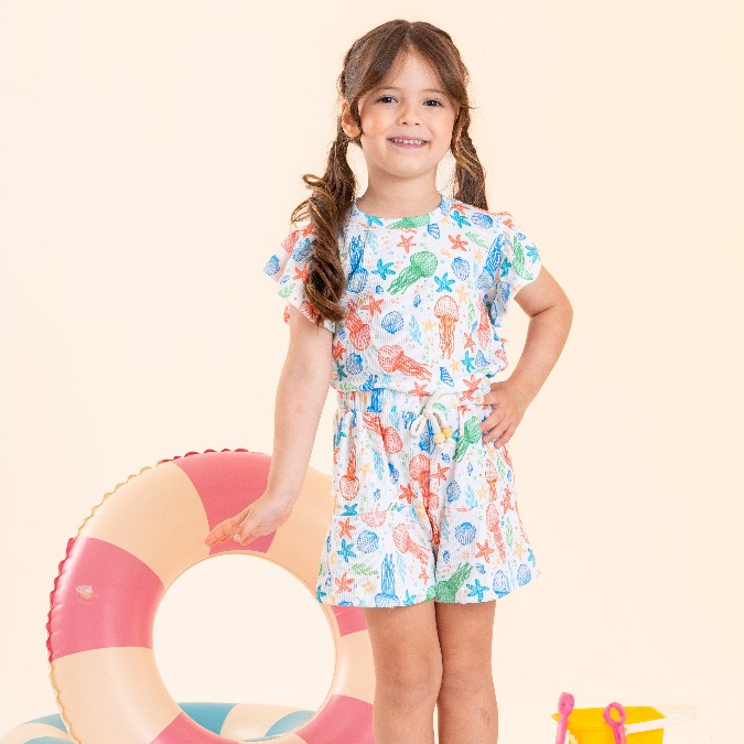 Detalhes do Conjunto Infantil Menina Blusa e Short Canelado Estampado Look Infantil
