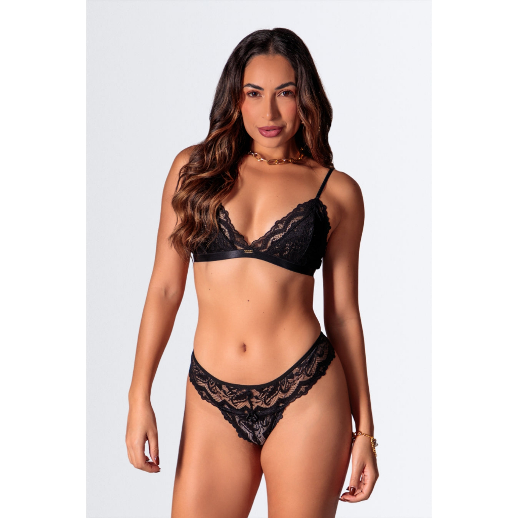 Conjunto rendado lingerie com sutiã sem bojo e sem aro com calcinha fio duplo