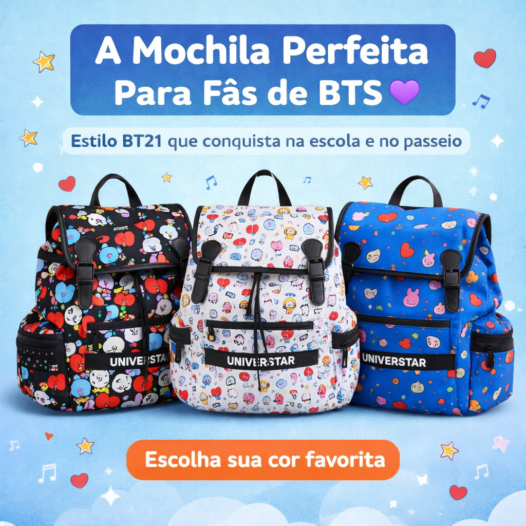 Mochila Infantil BT21 BTS Escolar Com Cordão Mochila Kpop Unissex Resistente Com Bolsos