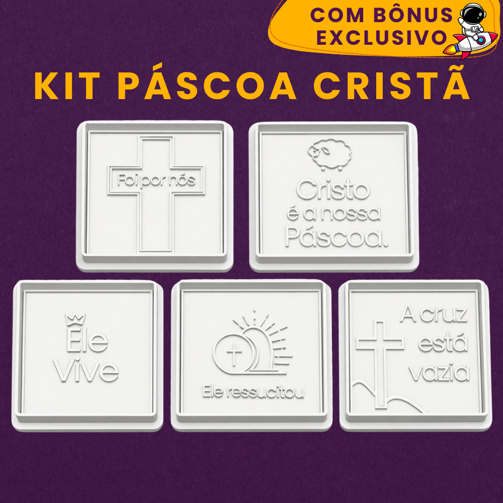 Kit Cortadores de Biscoito Páscoa Cristã Cruz Ele Vive Ressuscitou Cristo + Ebook de Receitas - 3DV