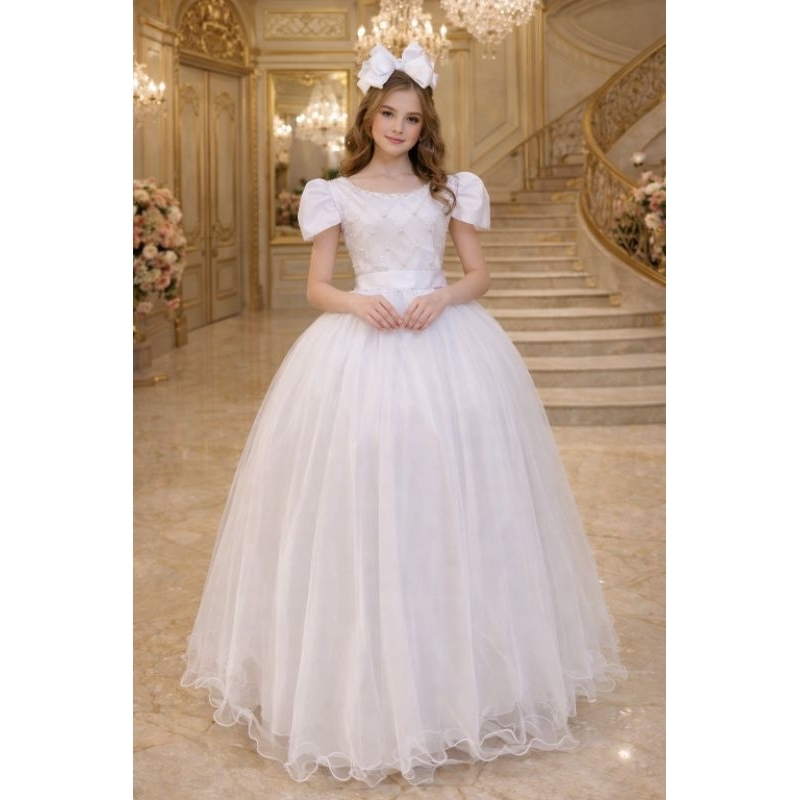 Vestido Infantil Branco Longo Luxo com Pérolas e Strass | Vestido Daminha de Honra Casamento Batizado Festa Princesa