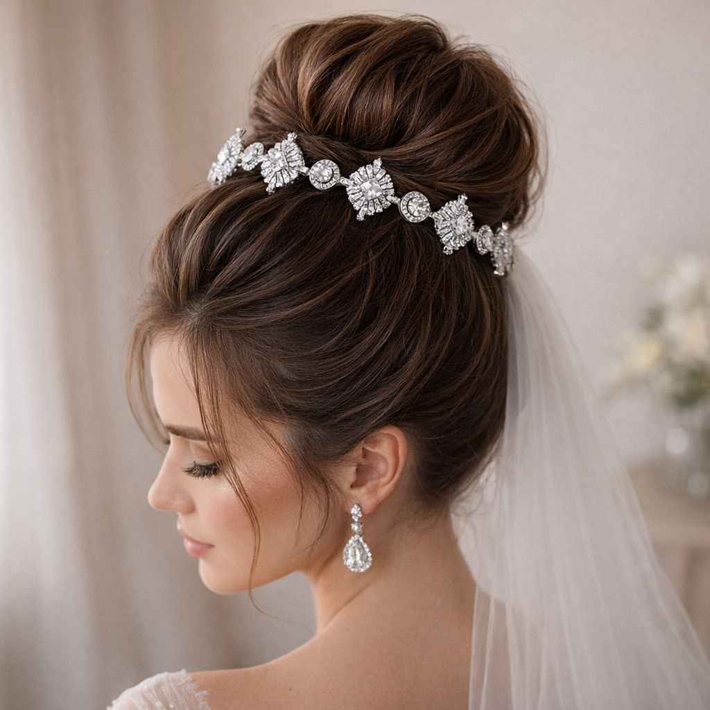 Tiara Porta Coque Coroa Zircônia Prata Prateado Para Penteado Noiva Casamento Festa de 15 Anos Luxo T004