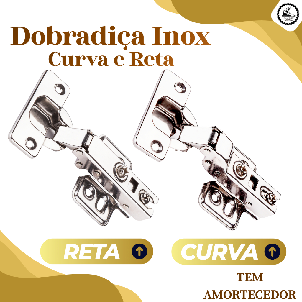 Kit com 2 4 6 8 10 Dobradiça com Amortecedor Inox Armário Móveis Closet Pop 35mm Reta Curva