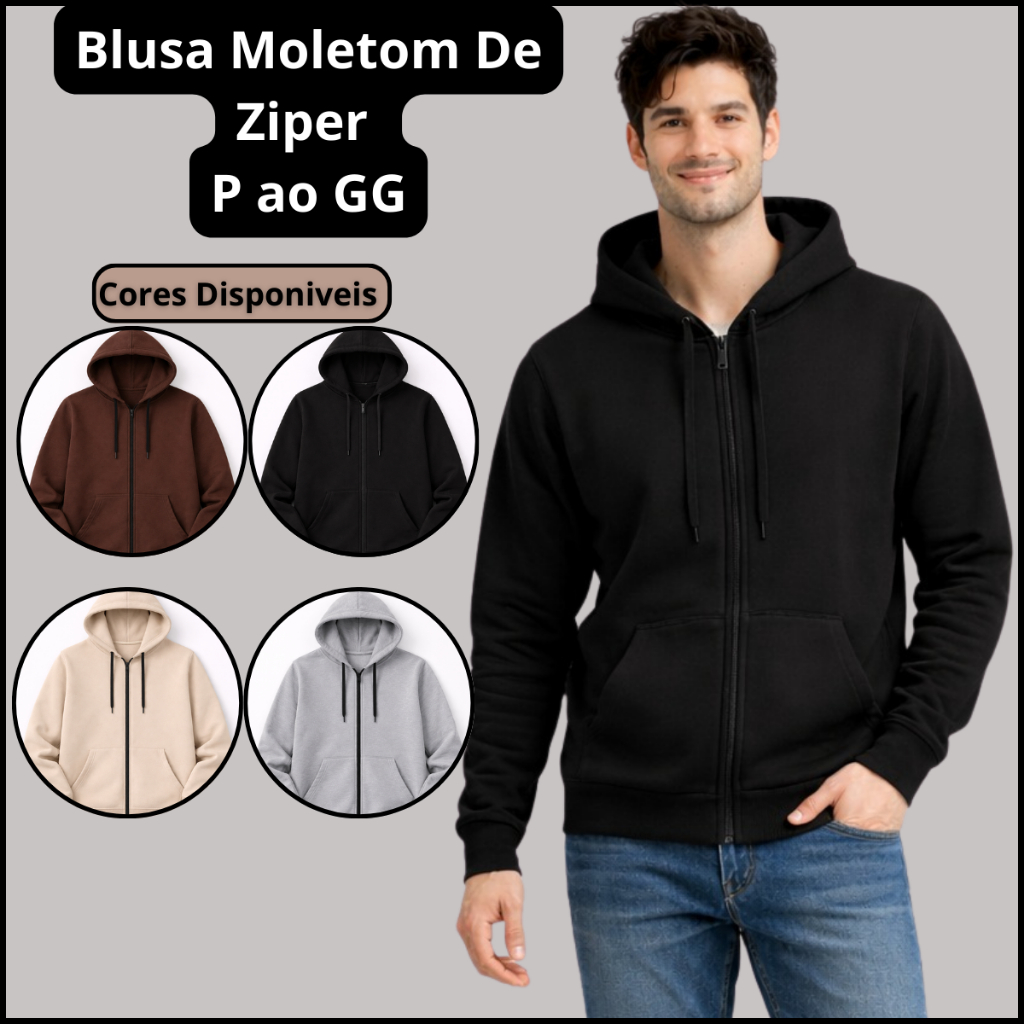 Blusa Moletom Masculino Casual Para Frio com Jaqueta Ziper Capuz e Bolsos P Ao GG