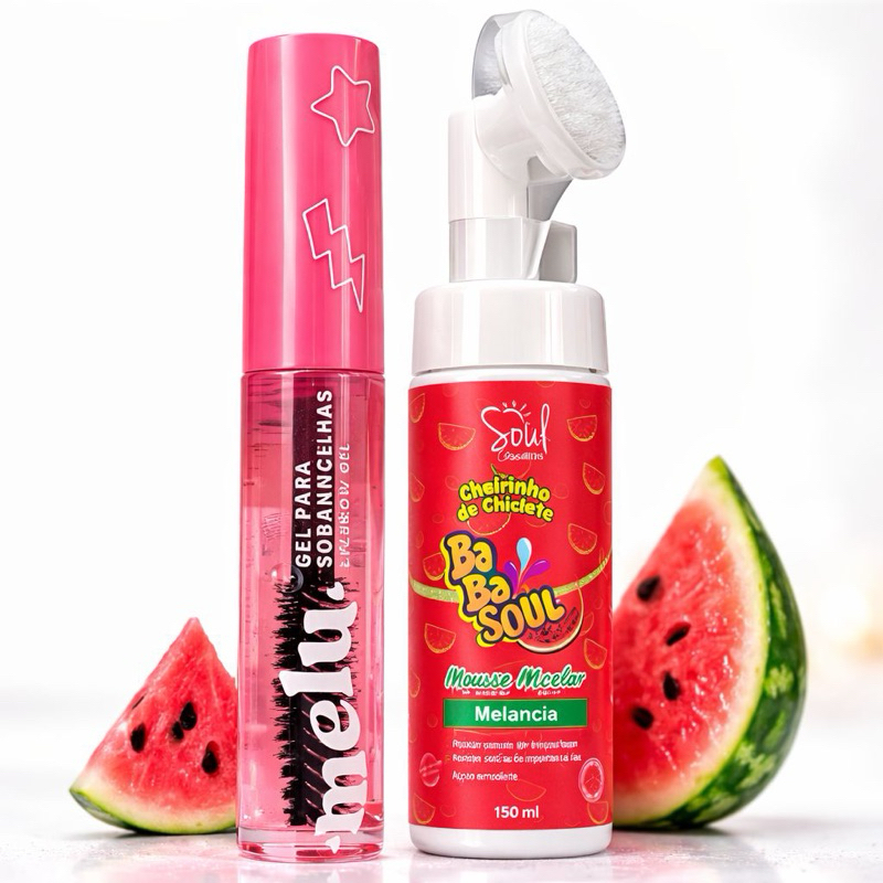 KIT 2 Cuidados com a Pele Melancia Limpeza Facial Espuma Mousse + Gel Fixador de Sobrancelhas