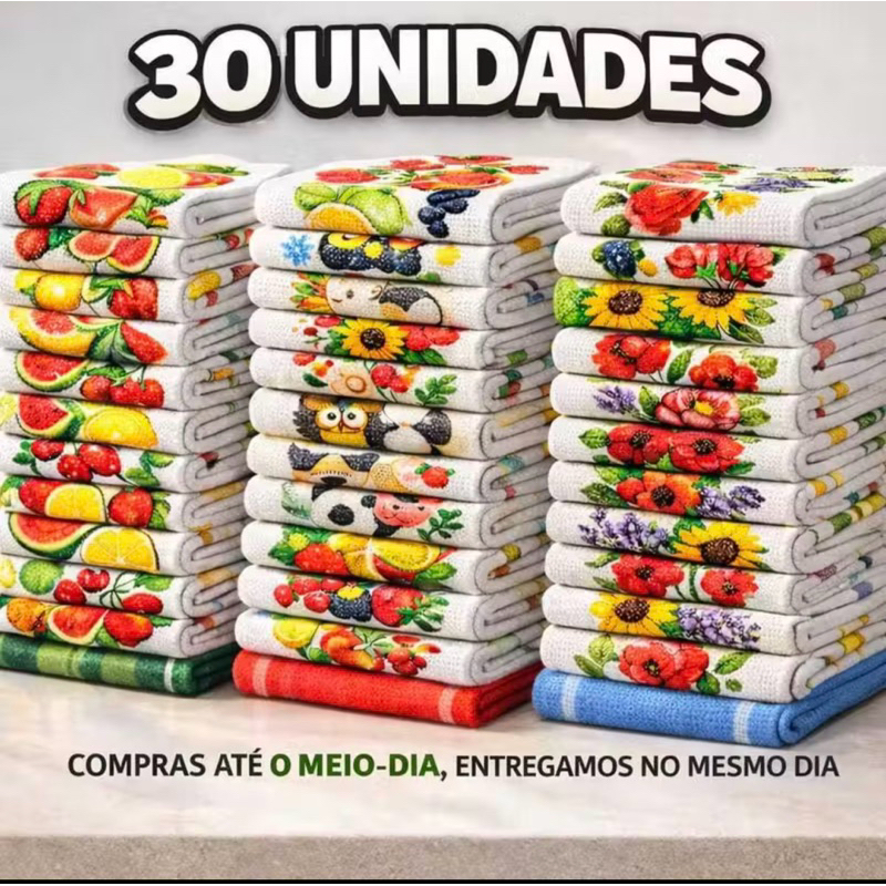 Kit Econômico Tradicional 30 Panos de Prato Algodão Grande 44x65 Pano de Cozinha Alta Absorção Limpeza Secar Louça