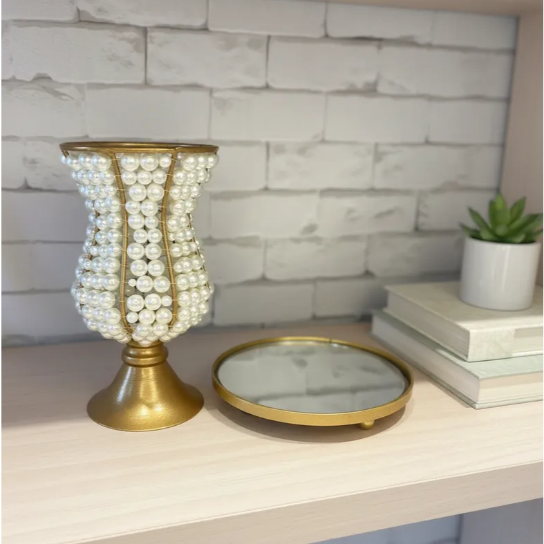 Vaso De Pedraria Pérolas E Bandeja Espelhada Luxo Lavabo Decoração Bordados Pedras ou Pérolas