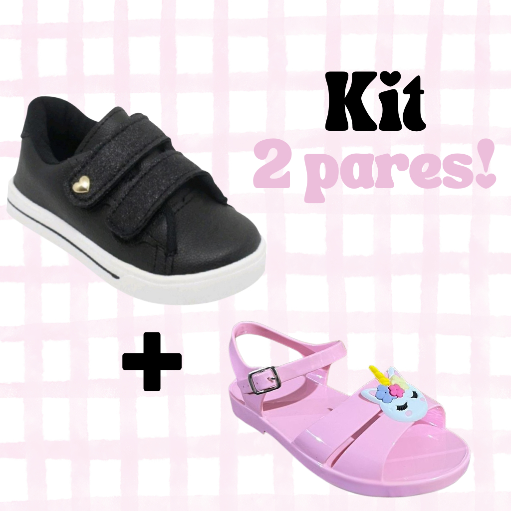 Kit 2 Pares Tênis Calce Fácil e Sandália Infantil Menina com Solado Antiderrapante e Cores Variadas