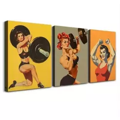 Kit 3 Quadros Decorativos Academia Pin-UP Retrô Fitness Feminino - Arte Vintage para Sala, Quarto ou Academia