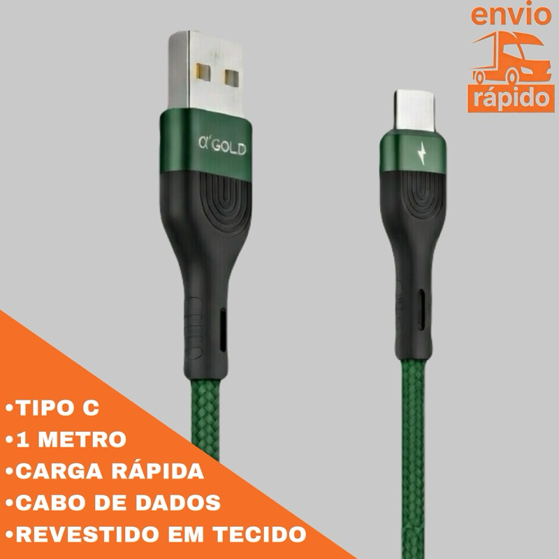 Cabo de Dados Carregador Tipo C 1 Metro Resistente A’Gold CB09-3 Cores Carga Rápida USB C Compatível Iphone Android c