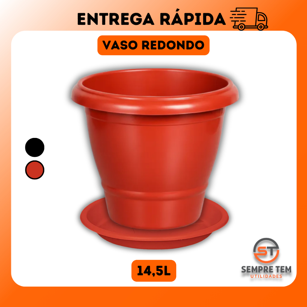 Kit Vaso Redondo Com Prato 14,5 Litros Plastico Resistente Plantas Frutifera Flores Hortaliças 14l