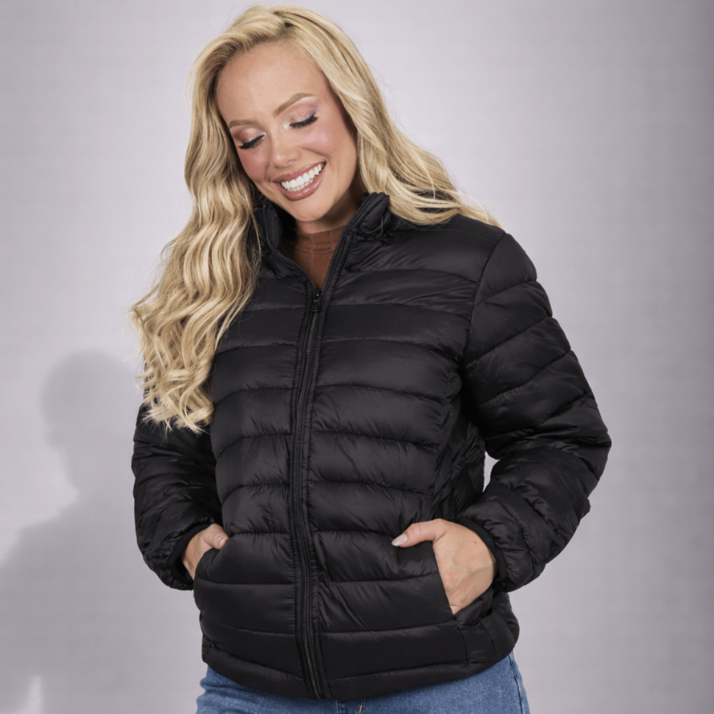 Jaqueta Feminina Peluciada Puffer Nylon Gola Alta Forrada Poliamida Zíper Frontal Bolsos Laterais