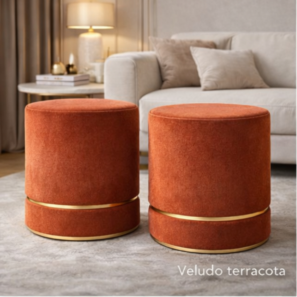 Kit 2 Puff Decorativo Redondo 42cm Suede ou Linho com Cinta Dourada – Puff Sala Quarto Moderno Reforçado em Oferta na Shopee