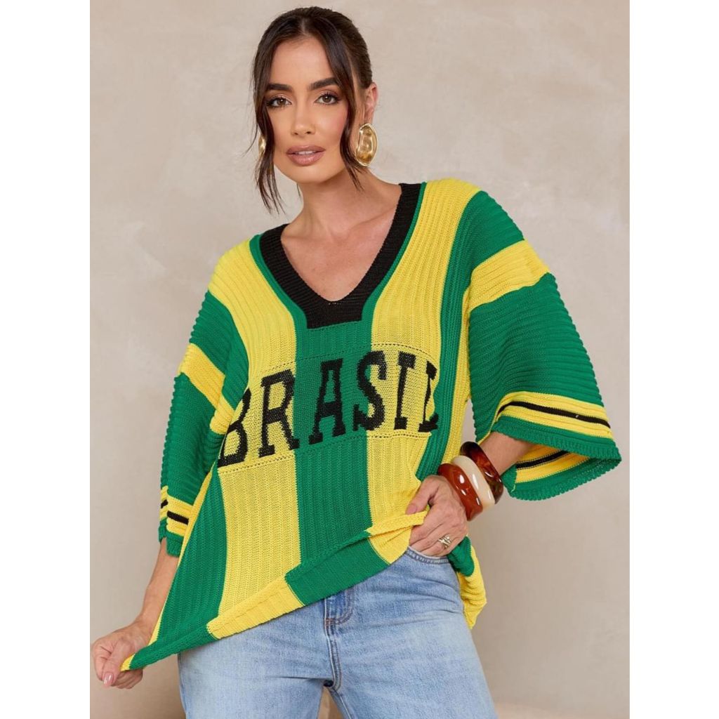 Blusa Feminina Brasil Tricot Manga Flare Estilosa Soltinha Copa Do Mundo 2026