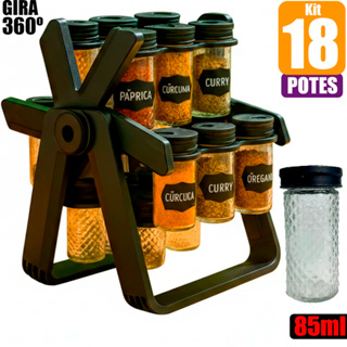 Kit 18 Potes Tempero Cozinha Porta Temperos 360º Potes de Vidro + Etiquetas  Condimentos Completo em Oferta na Shopee