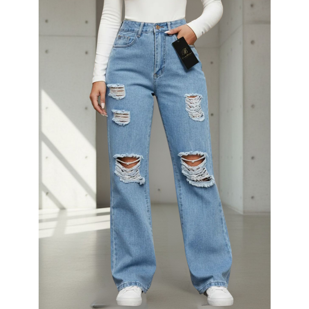 Calça Wide Leg Jeans Pantalona Destroyed Rasgado Premium Lançamento Com Bolsos Cintura Alta