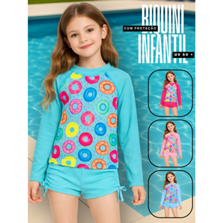 Biquini Infantil Menina Juvenil Kit 2 Peças Calçinha + Camiseta Proteção Uv 50+ Moda Praia Piscina em Oferta na Shopee