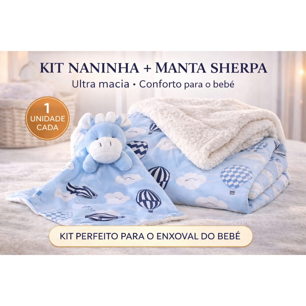 Kit Manta Sherpa Bebê Dupla Face Antialérgica 100% Algodão + Naninha Bebê Bichinho Porta Chupeta