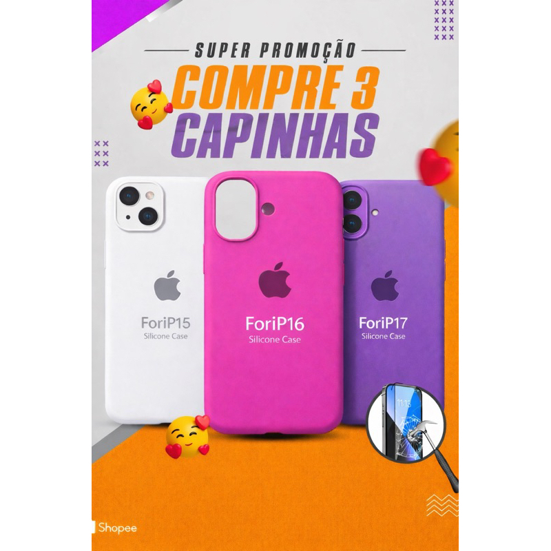 Kit 3 Capinhas Silicone Cores Sortidas Todos iPhone (11 ao 17 Pro e Pro Max )