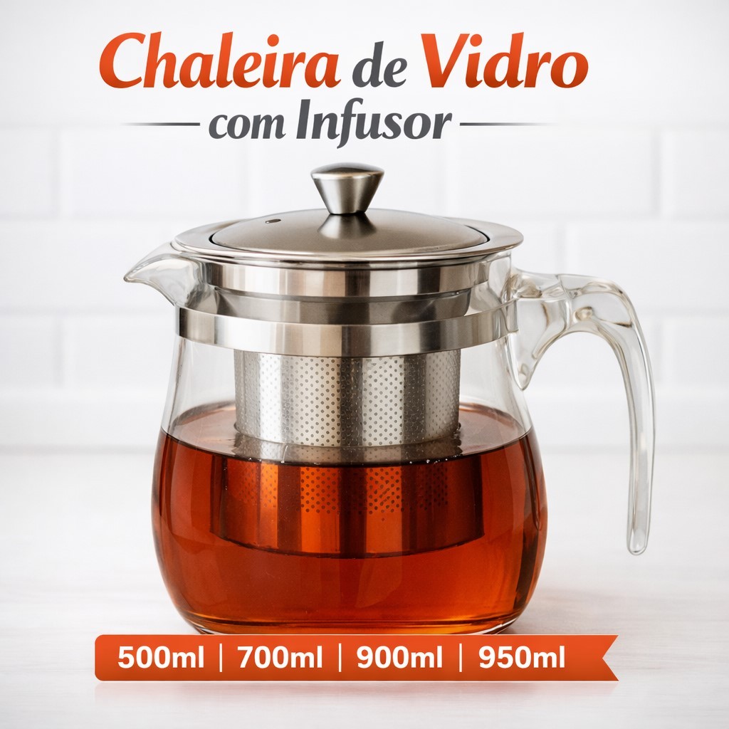Chaleira de Vidro com Infusor Inox900ml 950ml Bule para Chá Ervas Café Vidro Resistente Transparente