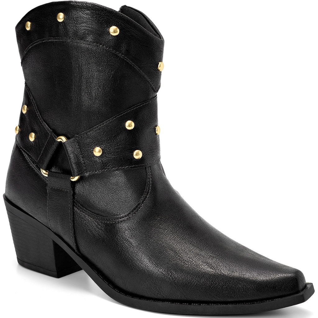 Bota Feminina Lumiss Country Western Cano Baixo Salto Baixo Bico Fino Tachas Preto