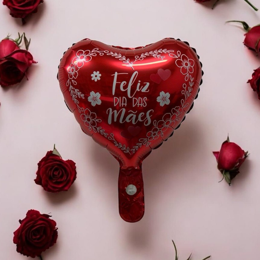 Balão Metalizado Coração Vermelho Feliz Dia Mães Flores 30cm Decoração Festa