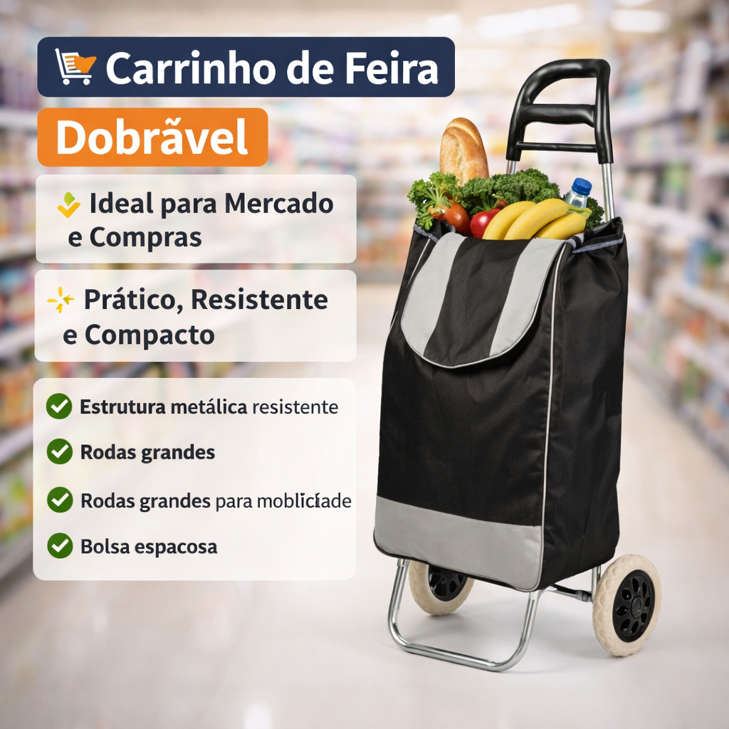 Carrinho Dobrável Feira Compras Compacto Resistente Com Bolsa Sortida Organizador Portátil