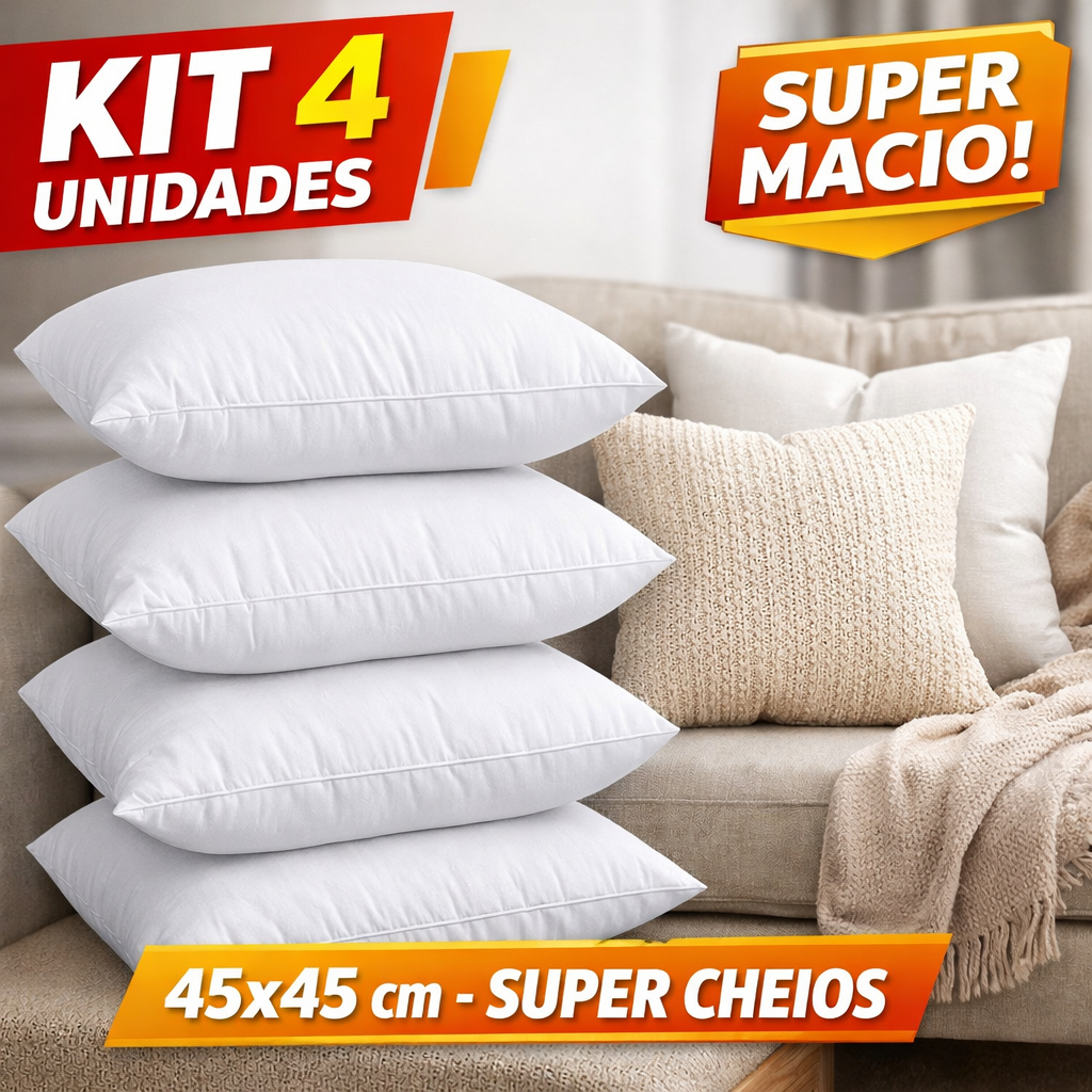 Enchimento para Almofadas 45x45cm Kit 4 Unidades – Espuma Macia para Sofá e Cama Decoração