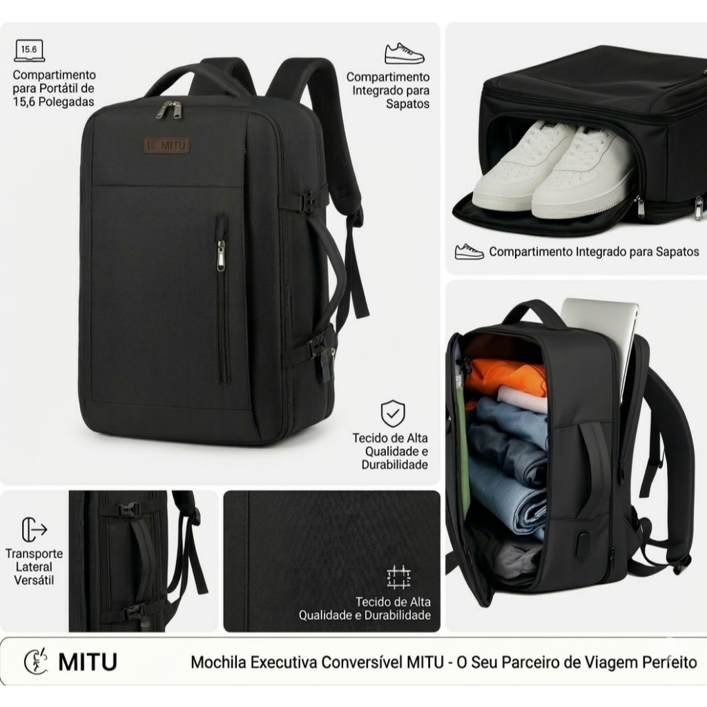 Mochila Executiva Viagem Multifuncional Impermeável Grande Volume p/ Notebook 15.6" com USB e Tamanho Avião
