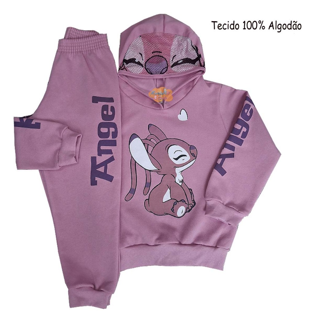 Moletom De Desenho Animado Stitch e Angel Feminino Inverno Blusa Canguru Calça Moletom Lilo Stitch Angel