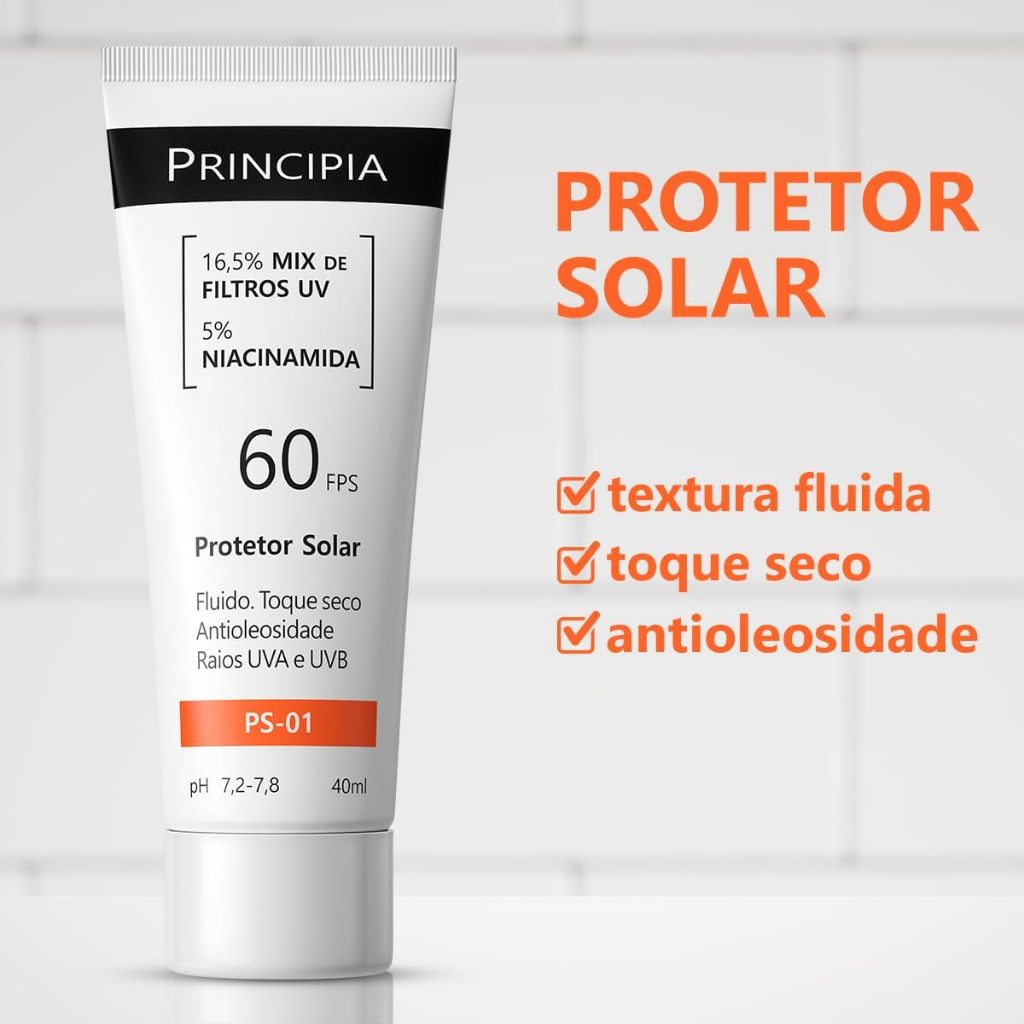 Protetor Solar Facial Principia FPS 60 PS-01 Oil Free Toque Seco Anti Oleosidade 40ml