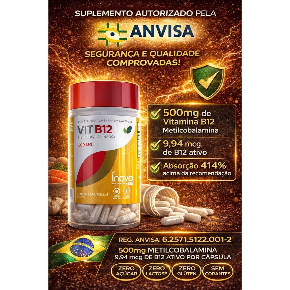 Vitamina B12 Energia Disposição e Foco Metilcobalamina 500mg 60 Cápsulas Original