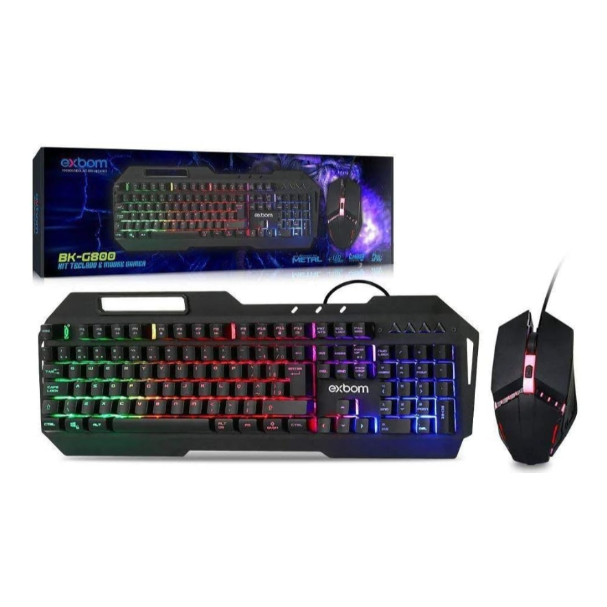 Kit Teclado Mouse Gamer Usb Abnt2 Iluminado Led Rgb Metal Exbom BK-G800