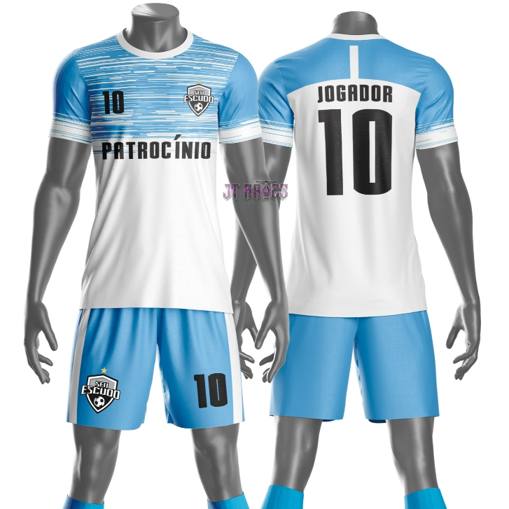 Uniforme jogador futebol amador esportivo camiseta e calção personalizavél nome número escudo mo 178