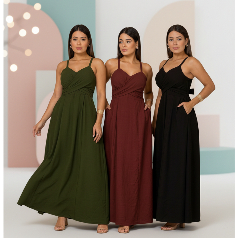 Vestido Longo feminino No tecido Sensorial Com Detalle Traspassado Varias Formas Multiuso Festa Casamento formatura