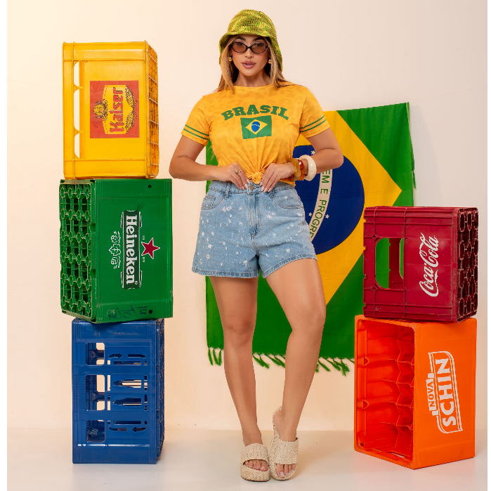Kit Blusa Feminina Brasil T-shirt Copa Do Mundo Camiseta Baby Look Manga Curta Torcida Moda Verão