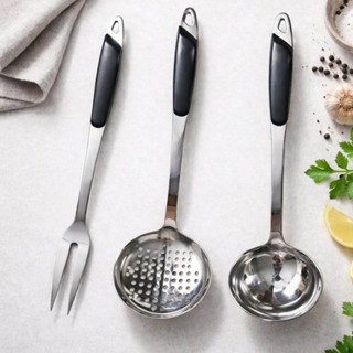 Utensílios Concha Escumadeira Garfo Cozinha Aco Inox Jogo Reforçada Resistente cabo preto em Oferta na Shopee