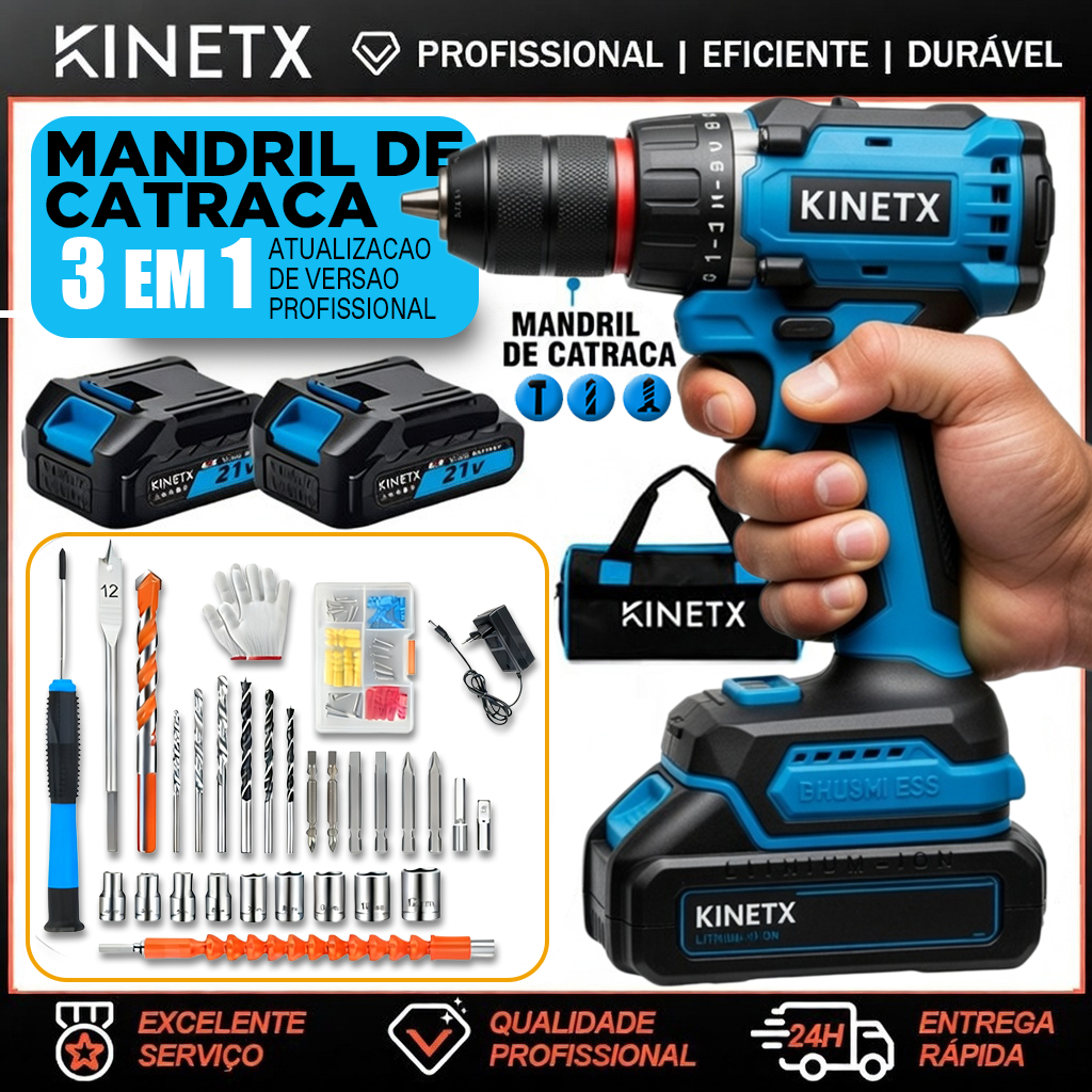 Kit Furadeira Parafusadeira Impacto 2 Baterias 3 Em 1 Brushless Sem Fio Profissional Bivolt  Alta Potência KINETX