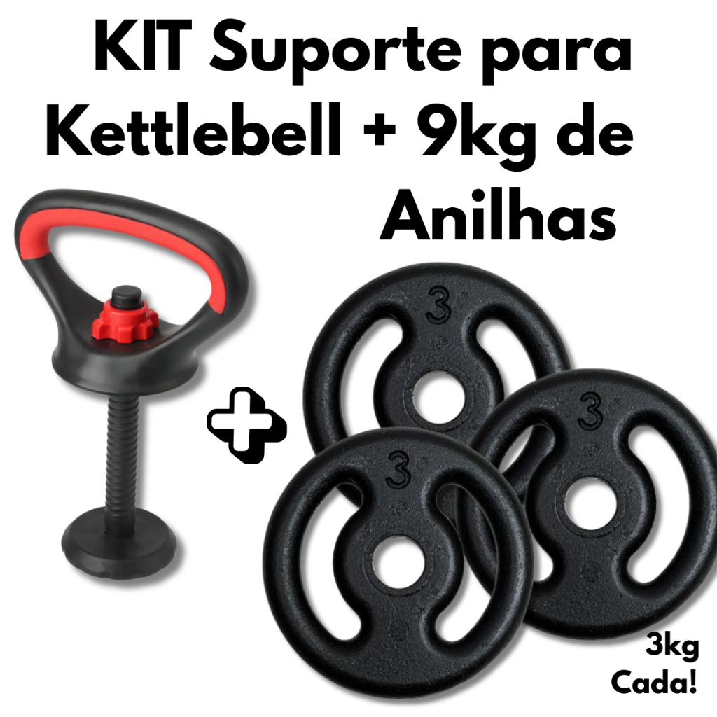 KIT Suporte para Kettlebell + 9kg de Anilhas Equipamento para Exercícios Musculação e Treino em Casa