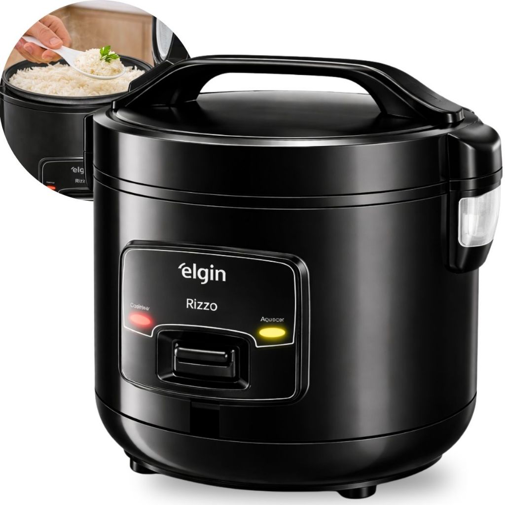Panela de Arroz Elétrica Elgin Rizzo 5 Xícaras 400W Preta Antiaderente com Bandeja a Vapor 220V OU 127V