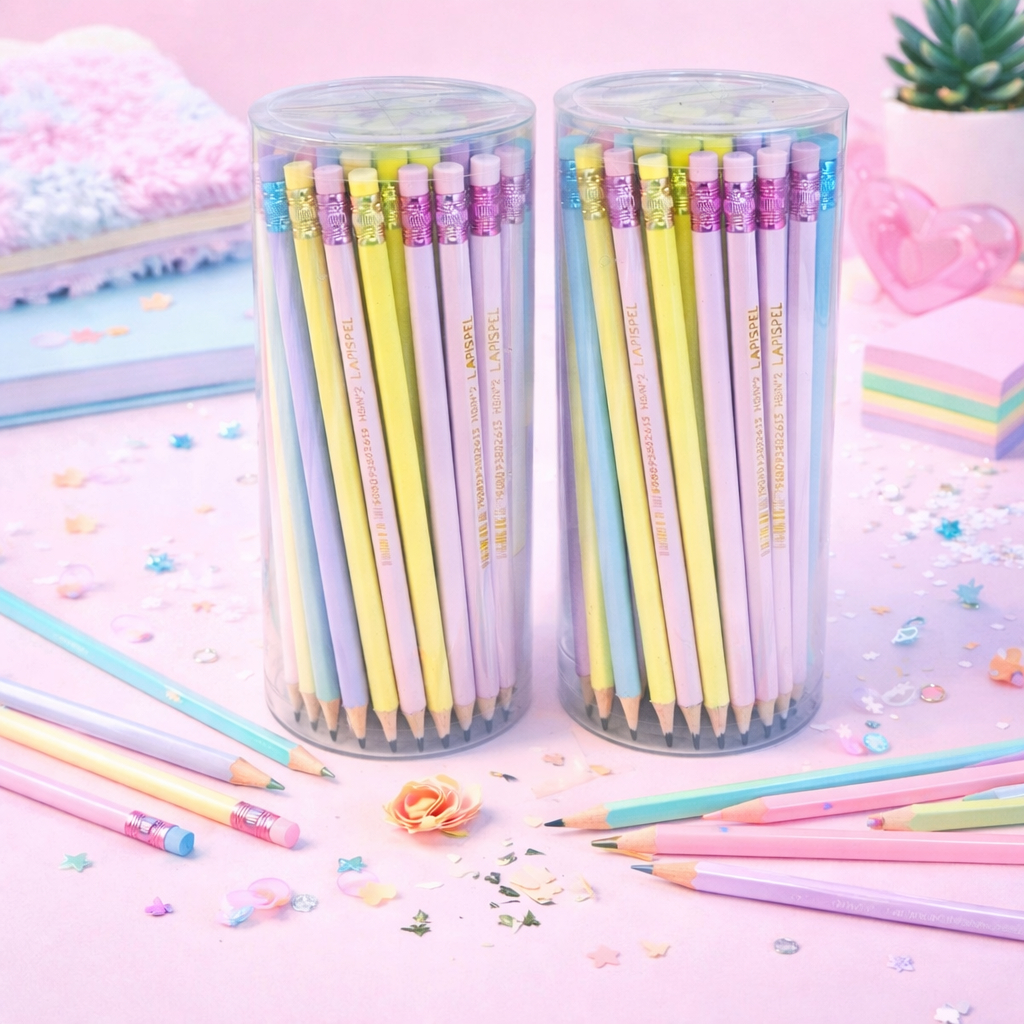 Kit 144 Lápis de Escrever Borracha Hb Corpo Pastel Pote Infantil Tons Pasteis Escolar Voltas Aulas