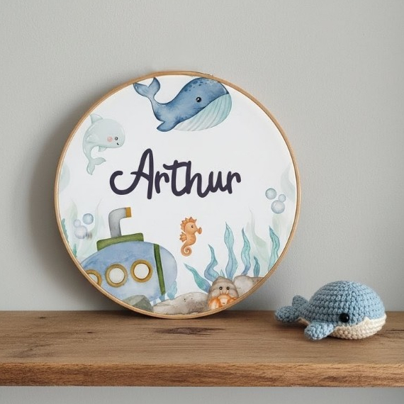 Quadro Bastidor Porta Maternidade Fundo do Mar Menino Nome Personalizado 30cm Decoração Quarto Infantil