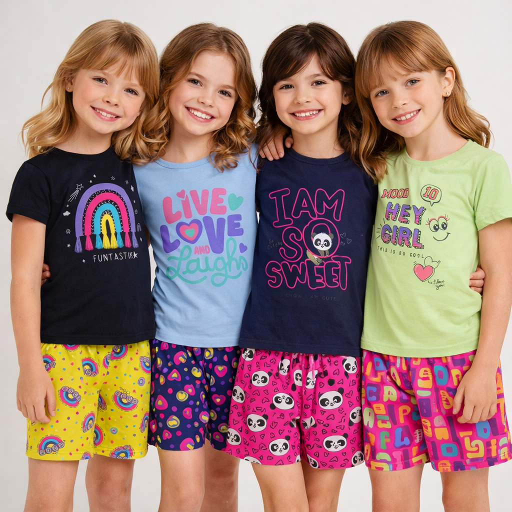 Kit 4 Conjuntos Infantis Menina 8 Peças 4 Blusas + 4 Shorts Estampas Diversas Sortidas Verão Kids