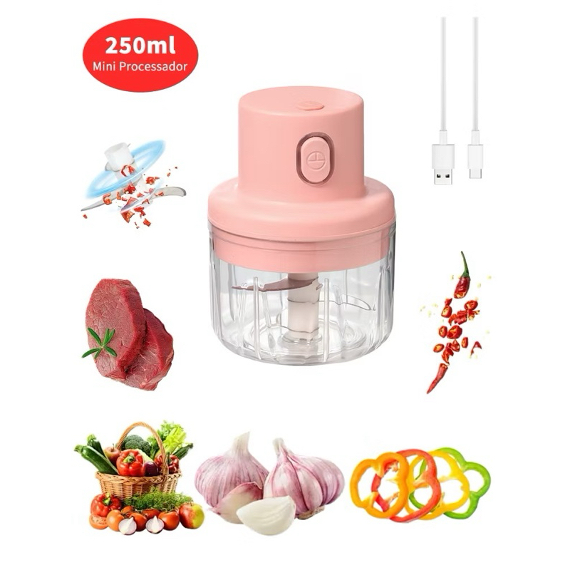 PROCESSADOR ELÉTRICO | RECARREGAVEL COM CABO USB | | 250ML | COM 3 LÂMINAS | MATERIAL: PLÁSTICO E METAL | TRITURADOR