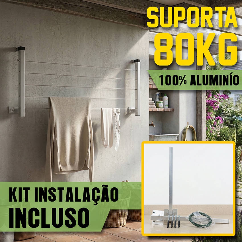 Varal Alumínio premium Reforçado Retrátil De Parede Para Roupas Suporta Até 80kg