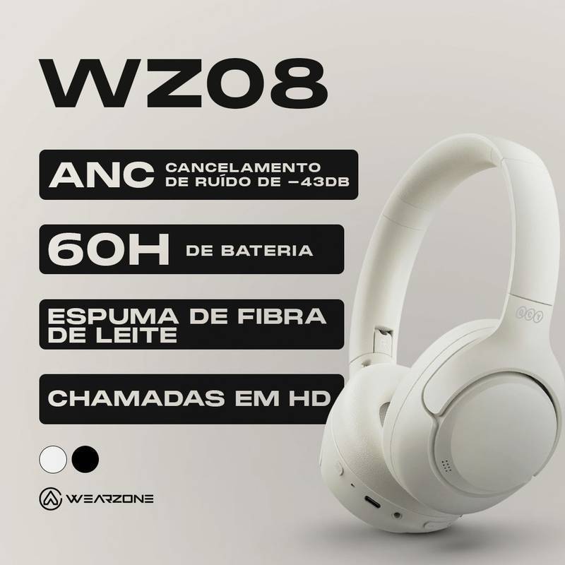 FONE HEADSET WZ08 | CANCELAMENTO DE RUÍDO PROFUNDO| ATÉ 60 HORAS DE BATERIA| CHAMADAS EM HD